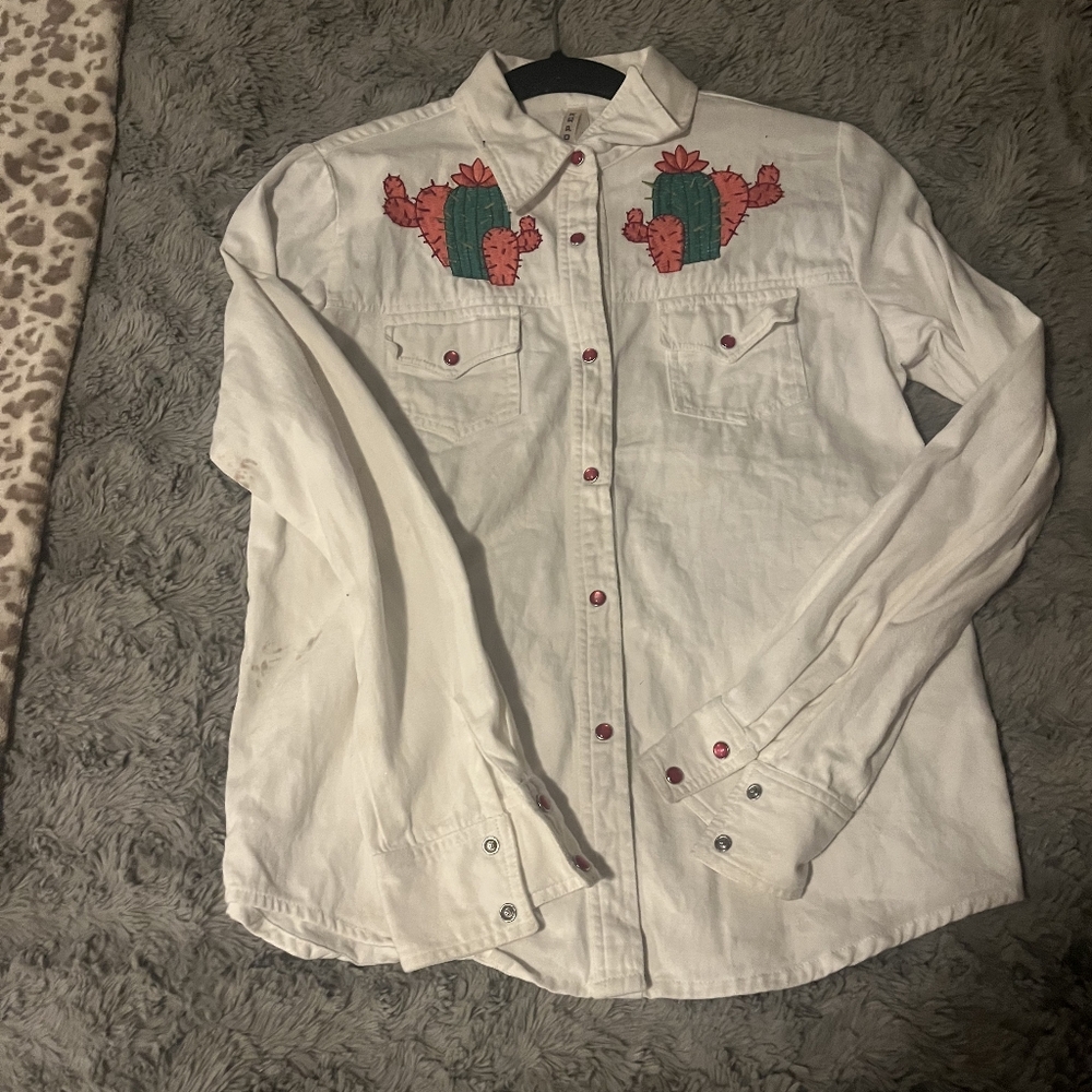 Roper White Button-Down Shirt with Red & Green Cactus Embroidery